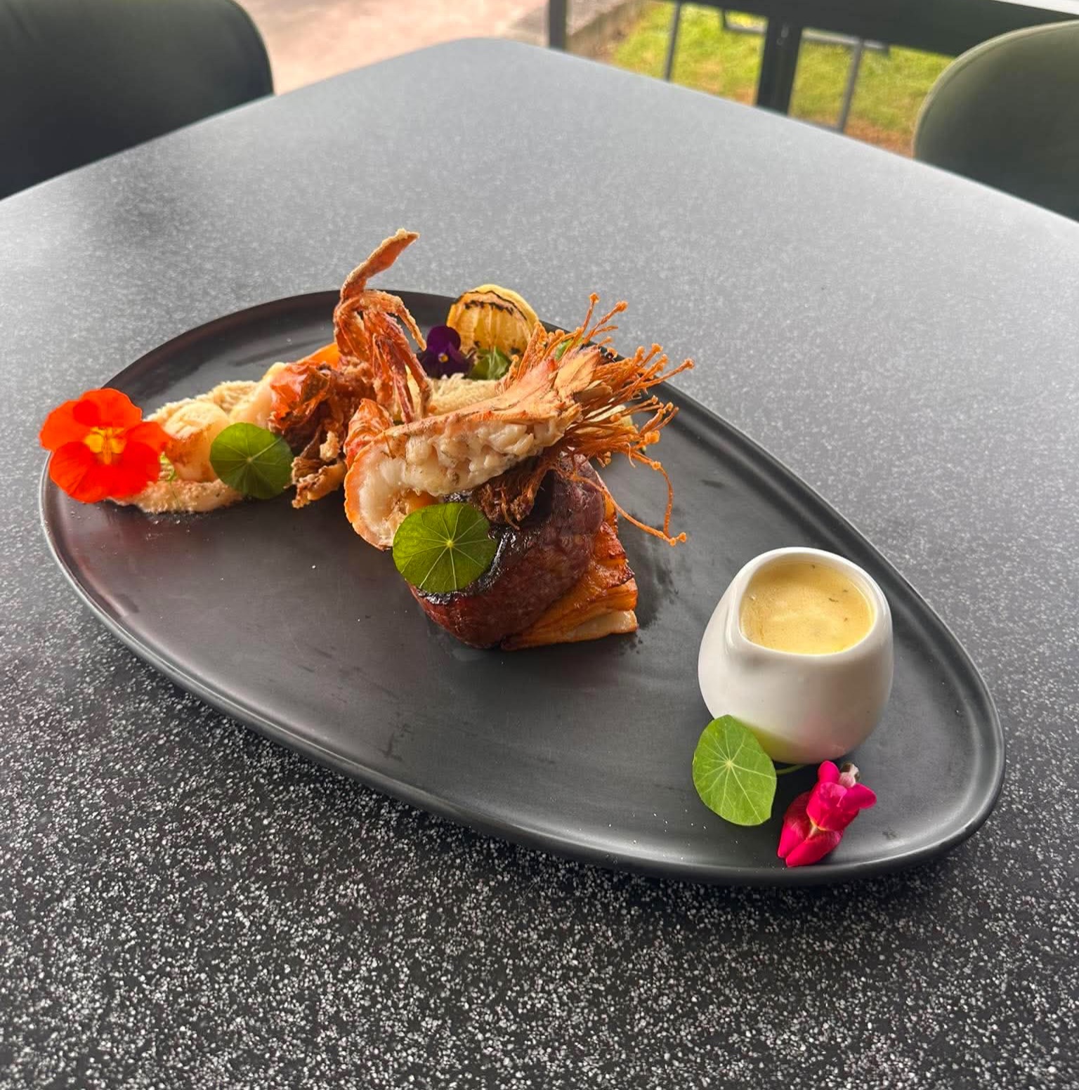 DINNER SPECIAL • THYME’S ULTIMATE REEF & BEEF! Char Grilled Angus Eye Fillet with Soft…